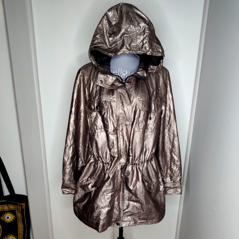 Calvin Klein Metallic Pewter Utility Anorak Jacket Hooded Drawstring Waist 0X